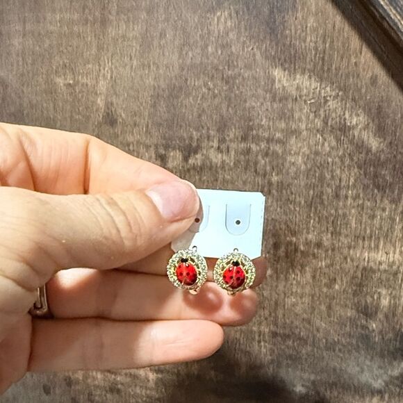 Chic 14K Gold Plated Red Lady Bug Stud Zirconia Earrings - Picture 3 of 17